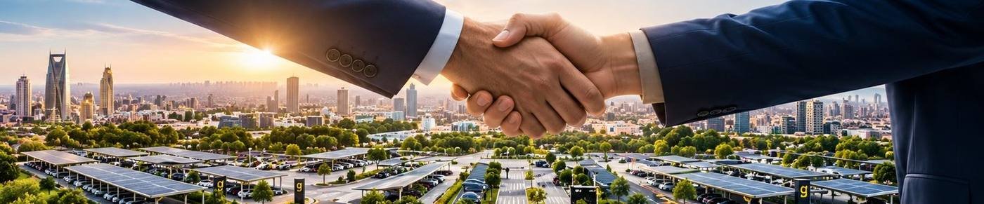 Handshake over a city of solar carports