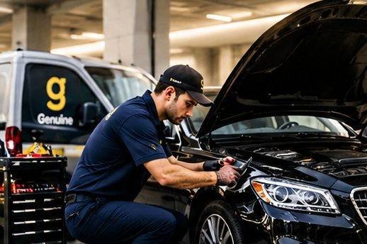 Technician servicing a car in a car park